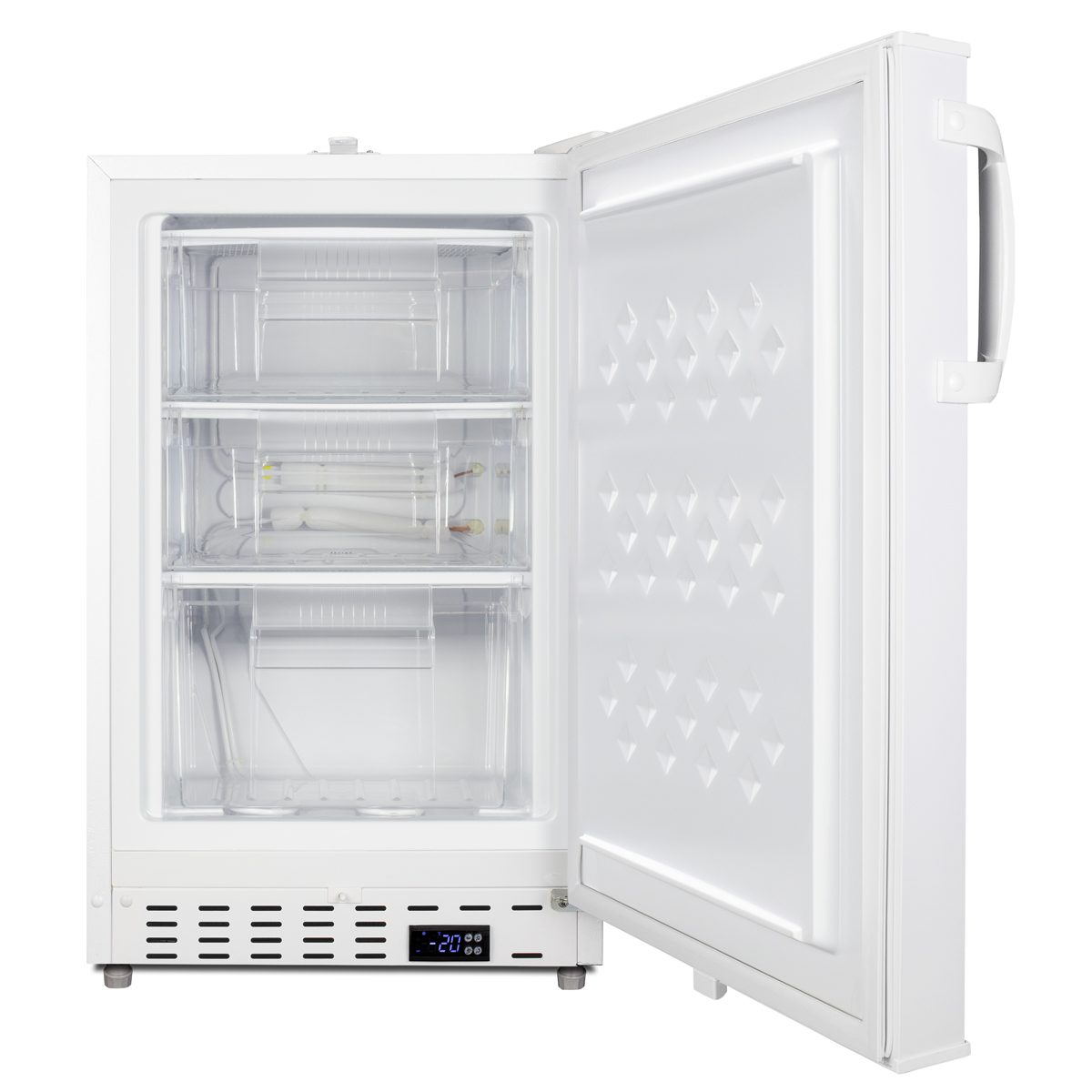 Built-in undercounter -25 C ADA compliant all-freezer in white with lock, digital controls, interior baskets, hospital cord with 'green dot' plug, factory installed access port, and manual defrost operation